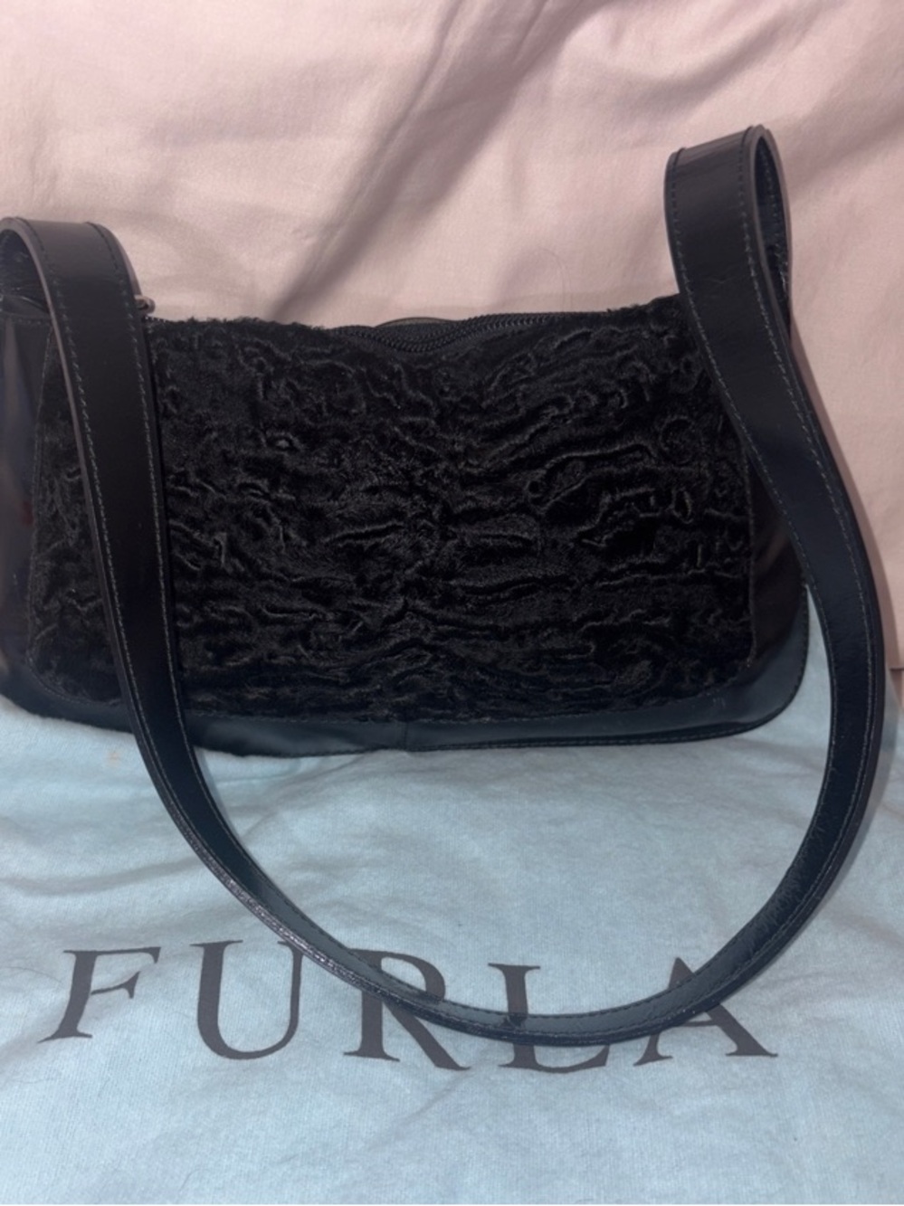 Furla PERSIAN LAMB FUR Black Textured Shoulder Bag with Smooth Leather Straps